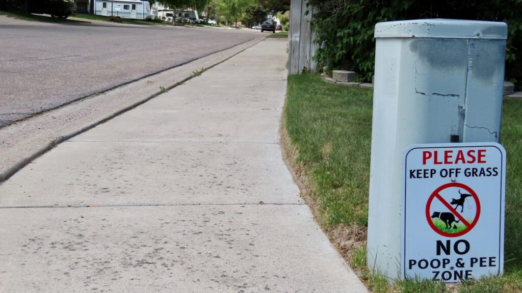 Sidewalk next to grass with "no poop" sign.